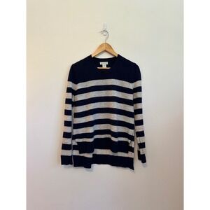 Oats Cashmere Striped Sweater in Navy Blue and Gray | Size Small